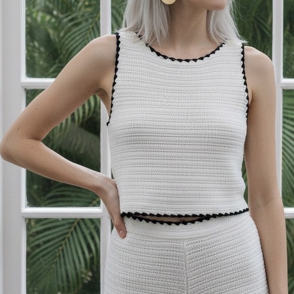 Cotton On Tops - Cotton On Knit Crop Top Women Large Cream Black Scalloped Trim Coastal Summer